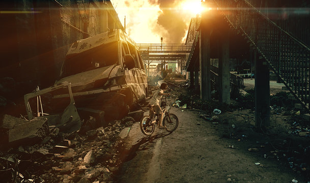 Homeless little boy riding bicycle in destroyed city, military soldiers and helicopters and tanks are still attacking the city