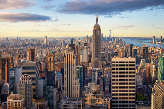 Lower and Midtown Manhattan skyline at sunrise, New York City, New York, United States