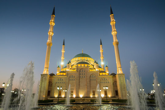 Akhmad Kadyrov Mosque after sunset, Grozny, Chechnya