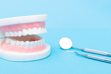 Fototapeta na wymiar Orthodontic teeth model and professional dentist tools on the table in dentist's office
