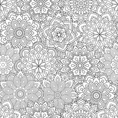 Seamless pattern of Mandala in ethnic oriental style. Decorative vintage flower for henna, yoga stuff, mehendi, tattoo, coloring book page. Zentangle inspired style.