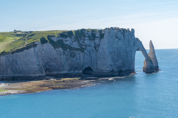 Etretat, France - 05 31 2019: Panoramic view of the cliffs of Etretat at sunset