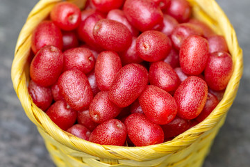 Gumi Loss Multicolor Berry in a wicker bucket  on a wooden bench macro