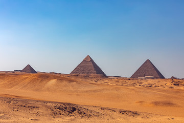 Fototapeta na wymiar Panorama of the Great Pyramids of Giza, Egypt architecture, View from desert