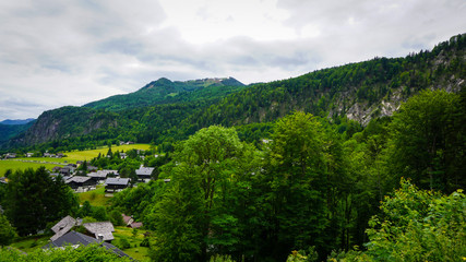 Beautiful Alps landscape with green mountains, valley, cozy hauses and forest