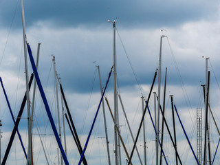 Image of several ship mast in the sky