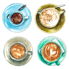 Set of different coffee cups, hand drawn watercolor illustration. Cappucino, latte machiato, cocoa, espresso, hot chocolate. Can be used for menu design.