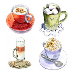 Set of different coffee cups, hand drawn watercolor illustration. Cappucino, latte machiato, cocoa, espresso, hot chocolate. Can be used for menu design.
