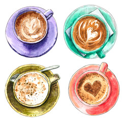 Set of different coffee cups, turquoise, red, green, purple, hand drawn watercolor illustration. Cappucino, latte machiato, cocoa, espresso, hot chocolate. Can be used for menu design.