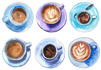 Set of blue coffee cups, hand drawn watercolor illustration. Cappucino, latte machiato, cocoa, espresso, hot chocolate. Can be used for menu design.