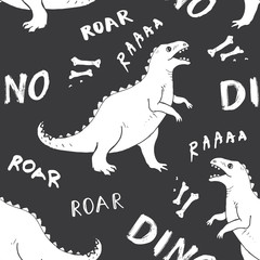 Dino Seamless Pattern, Cute Cartoon Hand Drawn Dinosaurs Doodles Vector Illustration