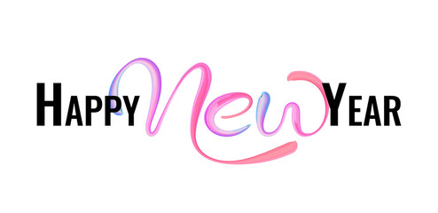 Happy New Year lettering on white background with colorful hand drawn brush stroke oil acrylic paint design watercolor typography. Vector illustration