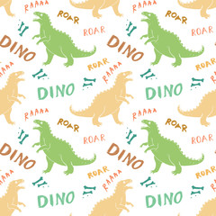 Dino Seamless Pattern, Cute Cartoon Hand Drawn Dinosaurs Doodles Vector Illustration