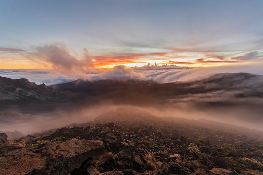 Crater of Haleakala volcano at sunrise, Haleakala National Park, Hawaii, USA