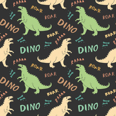 Dino Seamless Pattern, Cute Cartoon Hand Drawn Dinosaurs Doodles Vector Illustration