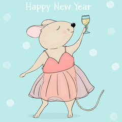 New year 2020 greeting card. Cute mouse in a dress and a glass of wine.