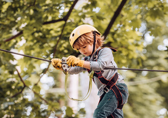 Portrait of a beautiful kid on a rope park among trees. Beautiful little child climbing and having...