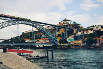 Fototapeta na wymiar View of the Don Luís I bridge in Porto, Portugal.