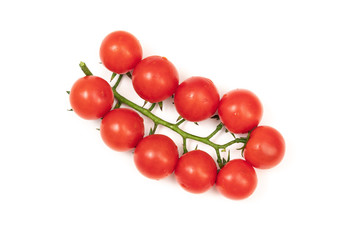 A branch of red cherry tomatoes on a white background. Small and juicy vegetable is rich in vitamins and trace elements. Healthy food. Fresh and organic vegetables. Raw food