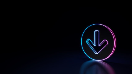 3d glowing neon symbol of symbol of down arrow in circle isolated on black background