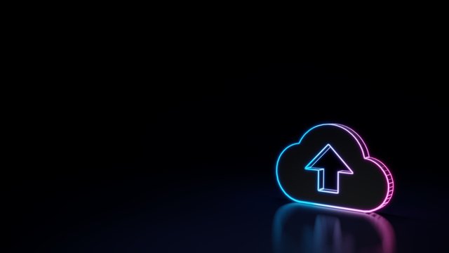 3d glowing neon symbol of symbol of cloud upload isolated on black background