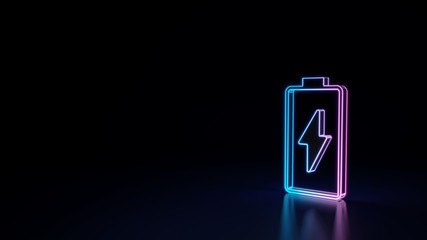 3d glowing neon symbol of vertical symbol of charging empty battery isolated on black background