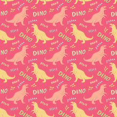 Dino Seamless Pattern, Cute Cartoon Hand Drawn Dinosaurs Doodles Vector Illustration