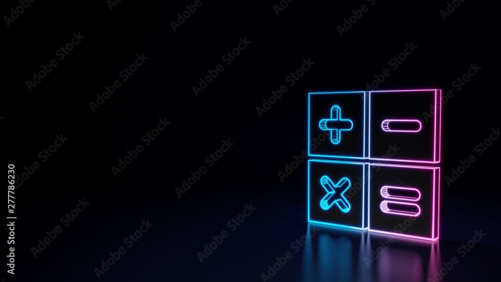 Poster 3d glowing neon symbol of symbol of count operations calculator isolated on black background