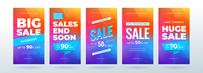 Set of dynamic modern fluid sale banners for social media stories, web page, mobile phone. Sale banner template design special offer set.