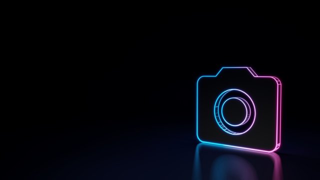 3d glowing neon symbol of symbol of camera isolated on black background