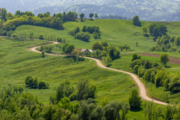 Fototapeta na wymiar Beautiful sinuous road in Bucovina rural area, Romania