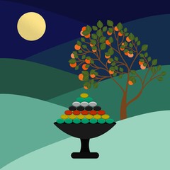 Happy chuseok in cartoon style on purple background. Autumn harvest holiday background. Thanksgiving day. Korean holiday - chuseok. Happy chuseok poster vector illustration. Food silhouette