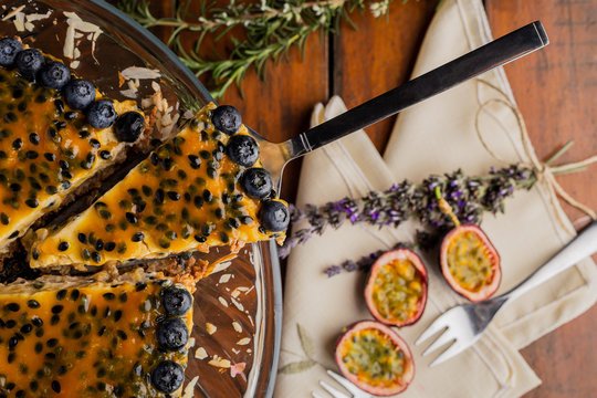 Passion fruit pie with blueberry toppings