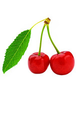 Cherry with green leaves isolated on white background