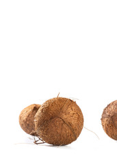Three hairy coconuts on white background, copy space