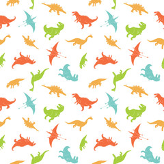 Dino Seamless Pattern, Cute Cartoon Hand Drawn Dinosaurs Doodles Vector Illustration