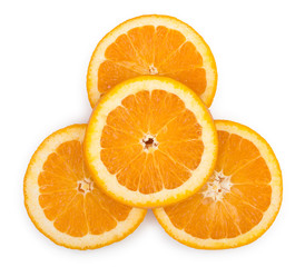 Slices of fresh juicy orange isolated on a white background, top view.