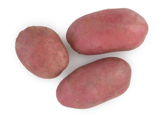 Heap of young red raw potato isolated on white background, top view.