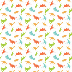 Dino Seamless Pattern, Cute Cartoon Hand Drawn Dinosaurs Doodles Vector Illustration