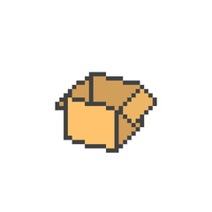 Fototapeta premium Open cardboard box, 8 bit pixel art icon isolated on white background. Old school vintage 2d video game/slot machine graphics. Shipping service logo. Package symbol. Delivery sign. Parcel pictogram.