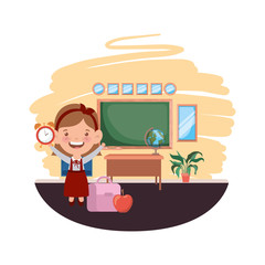 student girl with school supplies in the classroom