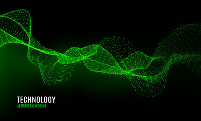 Abstract digital background with particles dots and wavy lines. 3d data visualization with fractal elements. Dynamic technology backdrop with light effect. Vector illustration