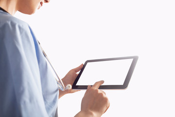 woman doctor holding tablet computer	