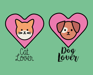 little dog and cat mascots heads in hearts