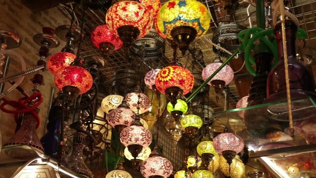Moroccan or Turkish mosaic lamps and lanterns background; selective focus