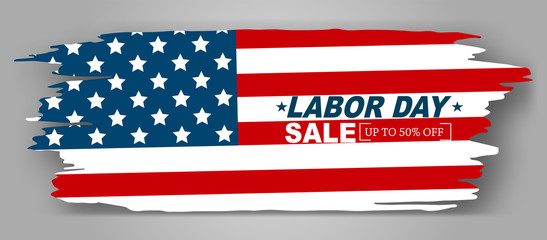 Labor Day banner in a brush stroke shape with a drop shadow. USA National flag design with promotional sale text. Vector illustration.
