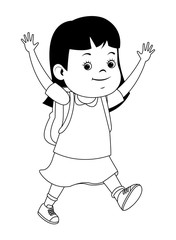 School girl smiling with backpack in black and white