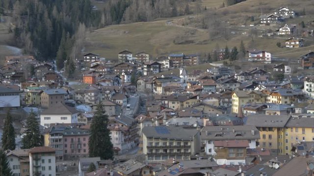 Panoramic view of Moena on sunny day in winter, Province of Trento, Italian Dolomites, Italy, Europe
