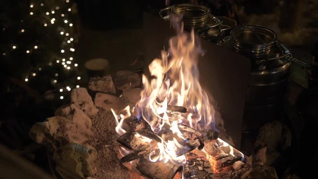 View of fire at Nativity in Campitello di Fassa at Christmas, Province of Trento, Italian Dolomites, Italy, Europe
