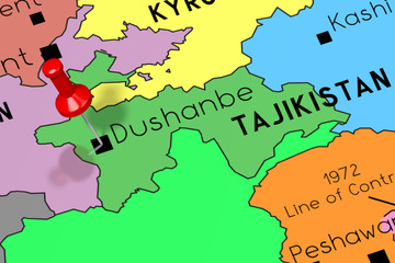 Tajikistan, Dushanbe - capital city, pinned on political map